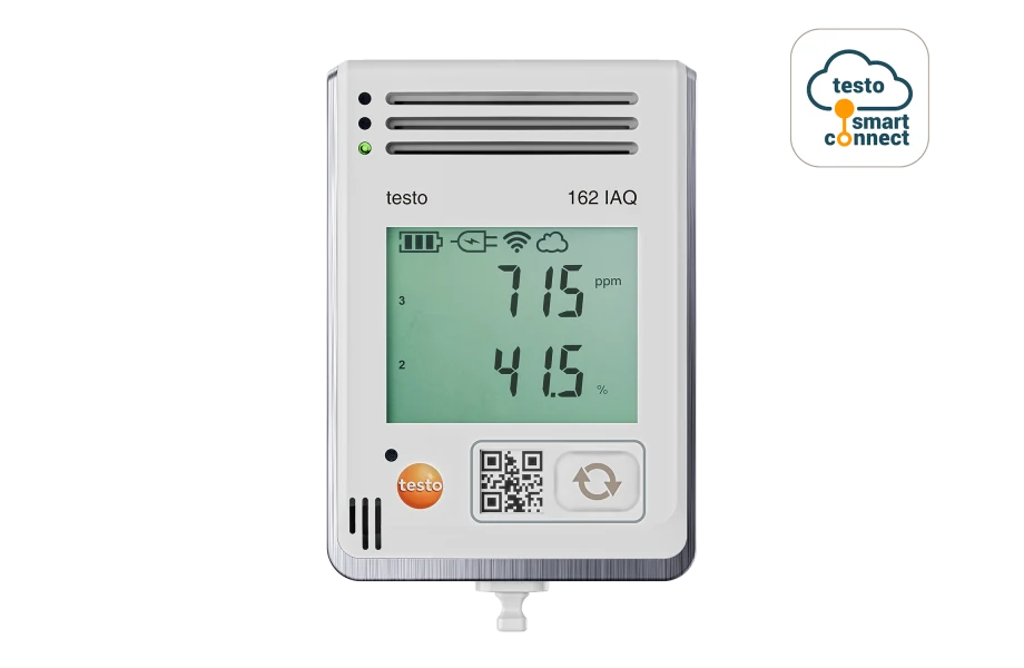 testo 162 IAQ - Online-Datenlogger mit Display und integrierten Sensoren für Temperatur, Feuchte, CO2 und atmosphärischen Druck