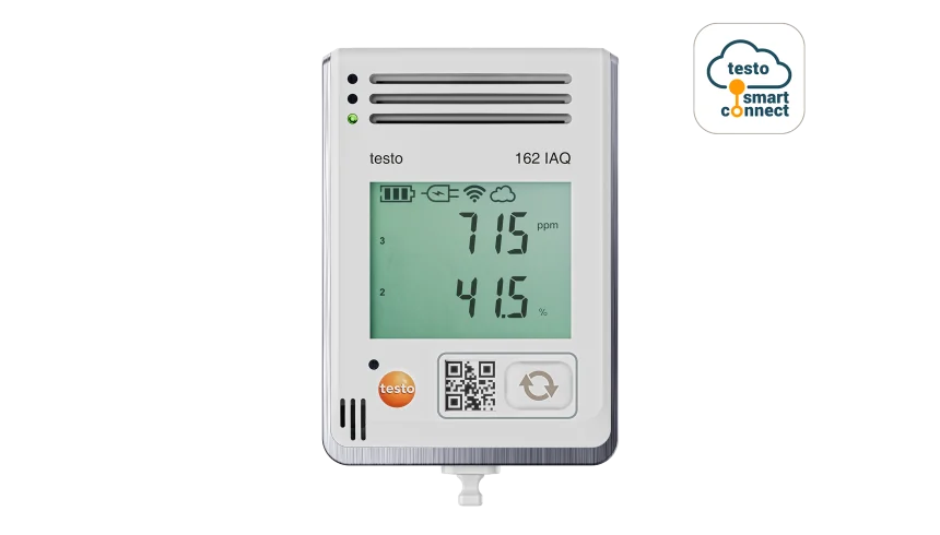testo 162 IAQ - Online-Datenlogger mit Display und integrierten Sensoren für Temperatur, Feuchte, CO2 und atmosphärischen Druck